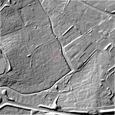 Shaded relief map of the ground around SN57BX, computed from Environment Agency LiDAR. The ground here sits at about 94 m above sea level and falls 14 m across the surrounding 800 m. Surface water reaching this point runs off ground lying to the west-south-west, 4.4 m higher.