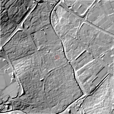 Shaded relief map of the ground around SN57BY, computed from Environment Agency LiDAR. The ground here sits at about 93 m above sea level and falls 19 m across the surrounding 800 m. Surface water reaching this point runs off ground lying to the west-south-west, 9.9 m higher.