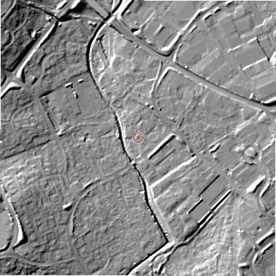 Shaded relief map of the ground around SN57DA, computed from Environment Agency LiDAR. The ground here sits at about 94 m above sea level and falls 13 m across the surrounding 800 m. Surface water reaching this point runs off ground lying to the north-north-east, 3.3 m higher.