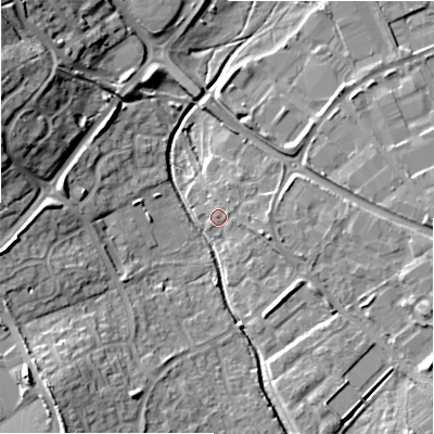 Shaded relief map of the ground around SN57DB, computed from Environment Agency LiDAR. The ground here sits at about 94 m above sea level and falls 16 m across the surrounding 800 m. Surface water reaching this point runs off ground lying to the east-south-east, 3.4 m higher.