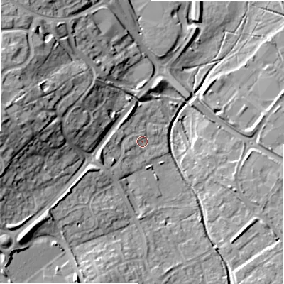 Shaded relief map of the ground around SN57DF, computed from Environment Agency LiDAR. The ground here sits at about 94 m above sea level and falls 23 m across the surrounding 800 m. Surface water reaching this point runs off ground lying to the south-west, 3.6 m higher.