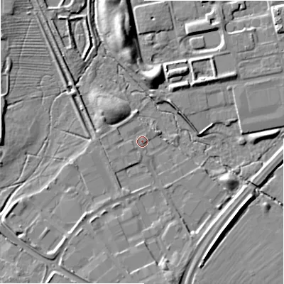 Shaded relief map of the ground around SN57UJ, computed from Environment Agency LiDAR. The ground here sits at about 91 m above sea level and falls 10 m across the surrounding 800 m. Surface water reaching this point runs off ground lying to the south-south-west, 1.6 m higher.