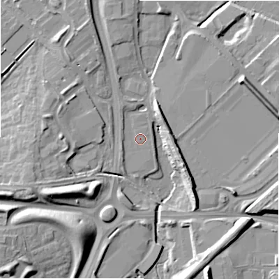 Shaded relief map of the ground around SN57YF, computed from Environment Agency LiDAR. The ground here sits at about 94 m above sea level and falls 15 m across the surrounding 800 m. Surface water reaching this point runs off ground lying to the west-north-west, 5.8 m higher.