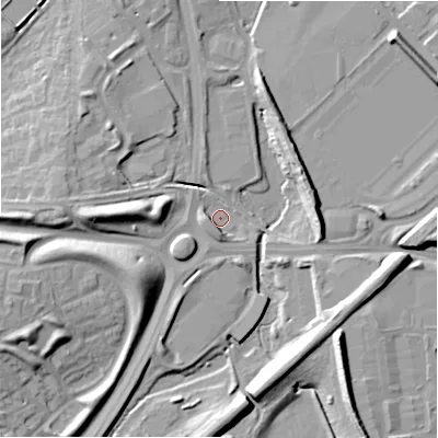 Shaded relief map of the ground around SN57YQ, computed from Environment Agency LiDAR. The ground here sits at about 94 m above sea level and falls 14 m across the surrounding 800 m. Surface water reaching this point runs off ground lying to the east, 10.5 m higher.