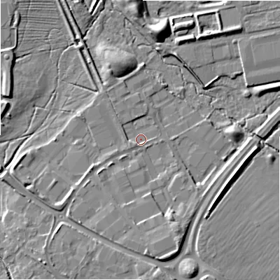 Shaded relief map of the ground around SN57YS, computed from Environment Agency LiDAR. The ground here sits at about 92 m above sea level and falls 9 m across the surrounding 800 m. Surface water reaching this point runs off ground lying to the south, 3.8 m higher.