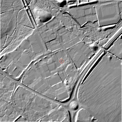 Shaded relief map of the ground around SN57YT, computed from Environment Agency LiDAR. The ground here sits at about 92 m above sea level and falls 10 m across the surrounding 800 m. Surface water reaching this point runs off ground lying to the south-south-west, 3.1 m higher.