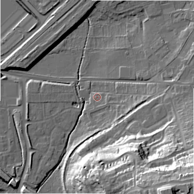 Shaded relief map of the ground around SN58WD, computed from Environment Agency LiDAR. The ground here sits at about 96 m above sea level and falls 47 m across the surrounding 800 m. Surface water reaching this point runs off ground lying to the south-south-east, 32.8 m higher.