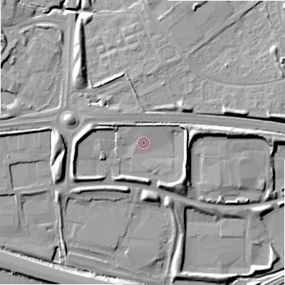 Shaded relief map of the ground around SN58YG, computed from Environment Agency LiDAR. The ground here sits at about 107 m above sea level and falls 13 m across the surrounding 800 m. Surface water reaching this point runs off ground lying to the east-south-east, 4.1 m higher.