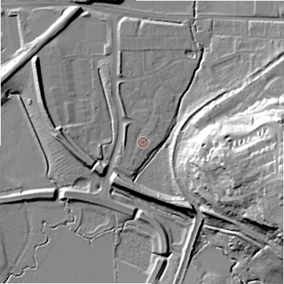 Shaded relief map of the ground around SN58ZG, computed from Environment Agency LiDAR. The ground here sits at about 98 m above sea level and falls 37 m across the surrounding 800 m. Surface water reaching this point runs off ground lying to the north-west, 2.4 m higher.