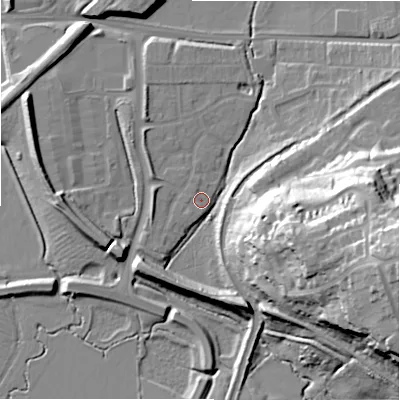 Shaded relief map of the ground around SN58ZQ, computed from Environment Agency LiDAR. The ground here sits at about 97 m above sea level and falls 40 m across the surrounding 800 m. Surface water reaching this point runs off ground lying to the west, 1.6 m higher.