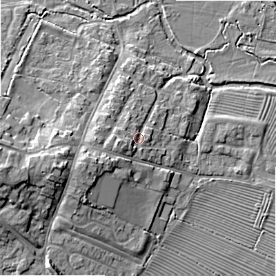 Shaded relief map of the ground around SN66BH, computed from Environment Agency LiDAR. The ground here sits at about 83 m above sea level and falls 14 m across the surrounding 800 m. Surface water reaching this point runs off ground lying to the west-south-west, 3.4 m higher.