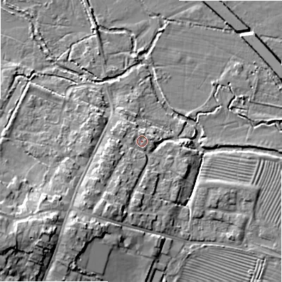 Shaded relief map of the ground around SN66BL, computed from Environment Agency LiDAR. The ground here sits at about 81 m above sea level and falls 13 m across the surrounding 800 m. Surface water reaching this point runs off ground lying to the south-west, 4.7 m higher.