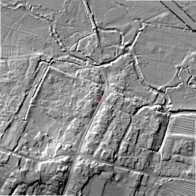Shaded relief map of the ground around SN66DA, computed from Environment Agency LiDAR. The ground here sits at about 82 m above sea level and falls 14 m across the surrounding 800 m. Surface water reaching this point runs off ground lying to the south-south-west, 6.9 m higher.