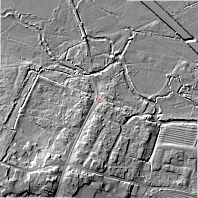 Shaded relief map of the ground around SN66DD, computed from Environment Agency LiDAR. The ground here sits at about 81 m above sea level and falls 14 m across the surrounding 800 m. Surface water reaching this point runs off ground lying to the south-south-west, 7.7 m higher.