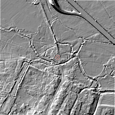Shaded relief map of the ground around SN66DG, computed from Environment Agency LiDAR. The ground here sits at about 79 m above sea level and falls 13 m across the surrounding 800 m. The ground contributing surface water to this point lies to the west-north-west.