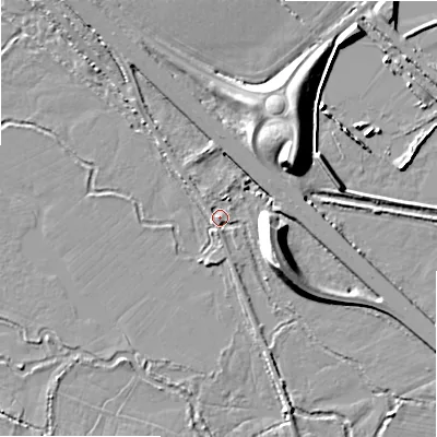 Shaded relief map of the ground around SN66DQ, computed from Environment Agency LiDAR. The ground here sits at about 79 m above sea level and falls 10 m across the surrounding 800 m. Surface water reaching this point runs off ground lying to the north-north-west, 3.1 m higher.