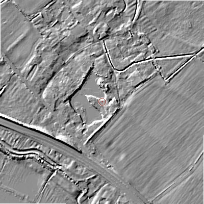 Shaded relief map of the ground around SN66DX, computed from Environment Agency LiDAR. The ground here sits at about 83 m above sea level and falls 6 m across the surrounding 800 m. Surface water reaching this point runs off ground lying to the south, 3.0 m higher.