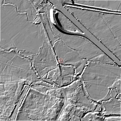 Shaded relief map of the ground around SN66FE, computed from Environment Agency LiDAR. The ground here sits at about 79 m above sea level and falls 11 m across the surrounding 800 m. Surface water reaching this point runs off ground lying to the south-west, 0.6 m higher.