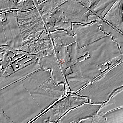 Shaded relief map of the ground around SN66FT, computed from Environment Agency LiDAR. The ground here sits at about 83 m above sea level and falls 5 m across the surrounding 800 m. Surface water reaching this point runs off ground lying to the south, 0.5 m higher.