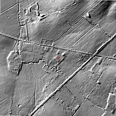 Shaded relief map of the ground around SN66HB, computed from Environment Agency LiDAR. The ground here sits at about 85 m above sea level and falls 16 m across the surrounding 800 m. Surface water reaching this point runs off ground lying to the east-north-east, 2.9 m higher.