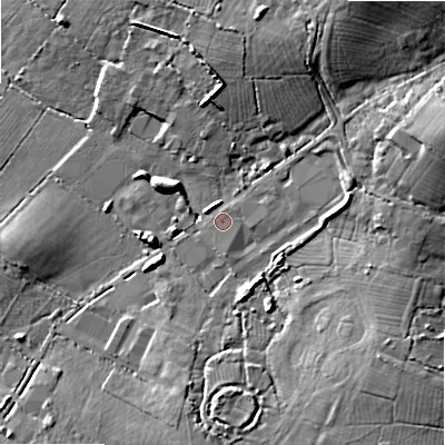 Shaded relief map of the ground around SN66HE, computed from Environment Agency LiDAR. The ground here sits at about 87 m above sea level and falls 12 m across the surrounding 800 m. Surface water reaching this point runs off ground lying to the south-east, 6.0 m higher.