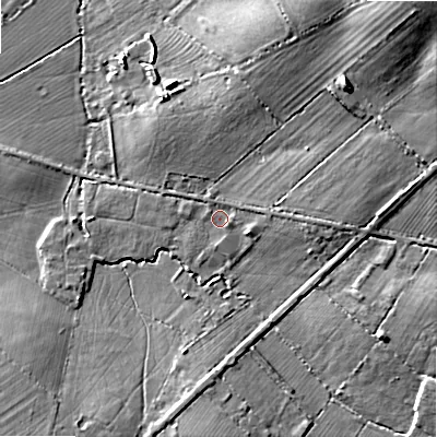 Shaded relief map of the ground around SN66HP, computed from Environment Agency LiDAR. The ground here sits at about 85 m above sea level and falls 18 m across the surrounding 800 m. Surface water reaching this point runs off ground lying to the east, 2.5 m higher.
