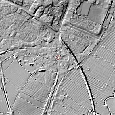 Shaded relief map of the ground around SN66HR, computed from Environment Agency LiDAR. The ground here sits at about 80 m above sea level and falls 13 m across the surrounding 800 m. Surface water reaching this point runs off ground lying to the north-north-west, 4.9 m higher.