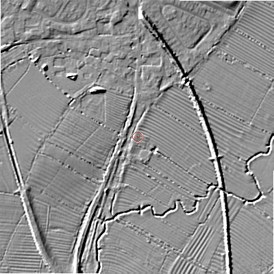 Shaded relief map of the ground around SN66HT, computed from Environment Agency LiDAR. The ground here sits at about 80 m above sea level and falls 8 m across the surrounding 800 m. Surface water reaching this point runs off ground lying to the north-west, 1.4 m higher.