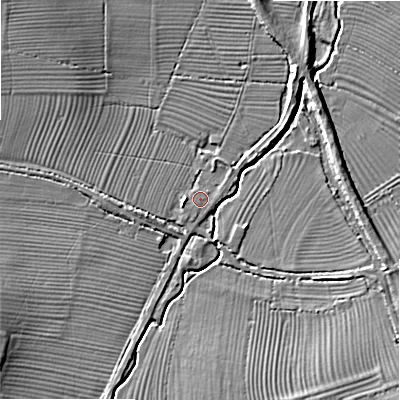 Shaded relief map of the ground around SN66HU, computed from Environment Agency LiDAR. The ground here sits at about 80 m above sea level and falls 7 m across the surrounding 800 m. Surface water reaching this point runs off ground lying to the east-north-east, 0.7 m higher.