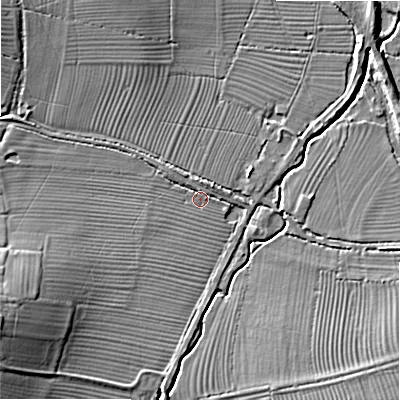 Shaded relief map of the ground around SN66HX, computed from Environment Agency LiDAR. The ground here sits at about 81 m above sea level and falls 11 m across the surrounding 800 m. Surface water reaching this point runs off ground lying to the west-south-west, 9.0 m higher.