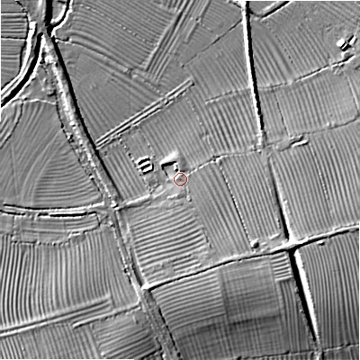 Shaded relief map of the ground around SN66HZ, computed from Environment Agency LiDAR. The ground here sits at about 83 m above sea level and falls 9 m across the surrounding 800 m. Surface water reaching this point runs off ground lying to the south-south-east, 4.4 m higher.
