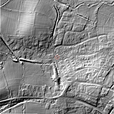 Shaded relief map of the ground around SN66JL, computed from Environment Agency LiDAR. The ground here sits at about 83 m above sea level and falls 18 m across the surrounding 800 m. Surface water reaching this point runs off ground lying to the west-south-west, 14.2 m higher.