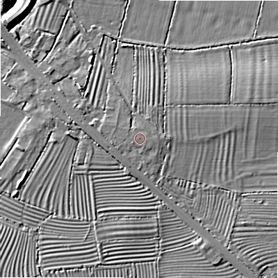 Shaded relief map of the ground around SN66JR, computed from Environment Agency LiDAR. The ground here sits at about 80 m above sea level and falls 8 m across the surrounding 800 m. Surface water reaching this point runs off ground lying to the west, 0.6 m higher.