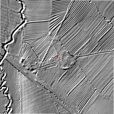 Shaded relief map of the ground around SN66JS, computed from Environment Agency LiDAR. The ground here sits at about 83 m above sea level and falls 10 m across the surrounding 800 m. Surface water reaching this point runs off ground lying to the east-south-east, 1.4 m higher.