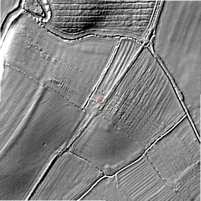 Shaded relief map of the ground around SN66JT, computed from Environment Agency LiDAR. The ground here sits at about 79 m above sea level and falls 5 m across the surrounding 800 m. Surface water reaching this point runs off ground lying to the south-south-west, 1.1 m higher.