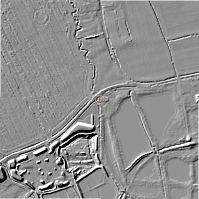 Shaded relief map of the ground around SN66LL, computed from Environment Agency LiDAR. The ground here sits at about 77 m above sea level and falls 10 m across the surrounding 800 m. Surface water reaching this point runs off ground lying to the north-west, 1.4 m higher.