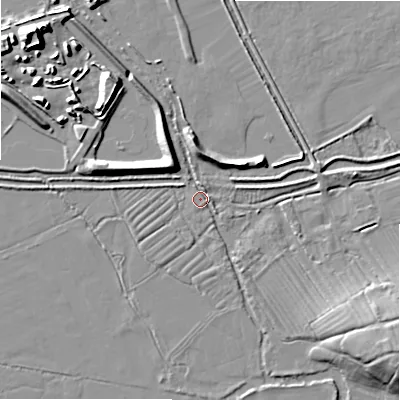Shaded relief map of the ground around SN66LP, computed from Environment Agency LiDAR. The ground here sits at about 78 m above sea level and falls 13 m across the surrounding 800 m. Surface water reaching this point runs off ground lying to the north-north-west, 5.8 m higher.