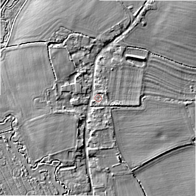 Shaded relief map of the ground around SN66LQ, computed from Environment Agency LiDAR. The ground here sits at about 80 m above sea level and falls 8 m across the surrounding 800 m. Surface water reaching this point runs off ground lying to the north, 4.0 m higher.