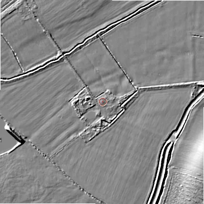 Shaded relief map of the ground around SN66LW, computed from Environment Agency LiDAR. The ground here sits at about 78 m above sea level and falls 7 m across the surrounding 800 m. Surface water reaching this point runs off ground lying to the east, 0.7 m higher.