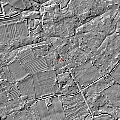 Shaded relief map of the ground around SN66NX, computed from Environment Agency LiDAR. The ground here sits at about 84 m above sea level and falls 4 m across the surrounding 800 m. Surface water reaching this point runs off ground lying to the north-west, 2.7 m higher.