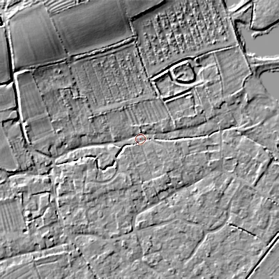 Shaded relief map of the ground around SN66PD, computed from Environment Agency LiDAR. The ground here sits at about 84 m above sea level and falls 11 m across the surrounding 800 m. Surface water reaching this point runs off ground lying to the north-west, 9.5 m higher.