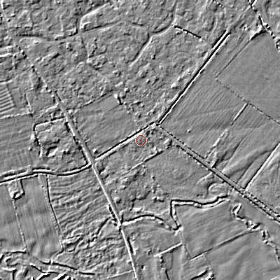 Shaded relief map of the ground around SN66PN, computed from Environment Agency LiDAR. The ground here sits at about 83 m above sea level and falls 4 m across the surrounding 800 m. Surface water reaching this point runs off ground lying to the north-north-west, 2.0 m higher.