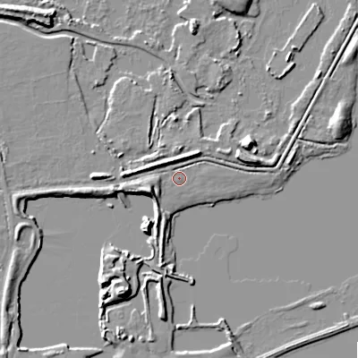 Shaded relief map of the ground around SN66QP, computed from Environment Agency LiDAR. The ground here sits at about 83 m above sea level and falls 8 m across the surrounding 800 m. The ground contributing surface water to this point lies to the west-north-west.