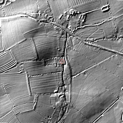 Shaded relief map of the ground around SN66QY, computed from Environment Agency LiDAR. The ground here sits at about 86 m above sea level and falls 12 m across the surrounding 800 m. Surface water reaching this point runs off ground lying to the west-south-west, 8.6 m higher.