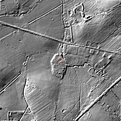 Shaded relief map of the ground around SN66QZ, computed from Environment Agency LiDAR. The ground here sits at about 84 m above sea level and falls 11 m across the surrounding 800 m. Surface water reaching this point runs off ground lying to the south, 2.2 m higher.