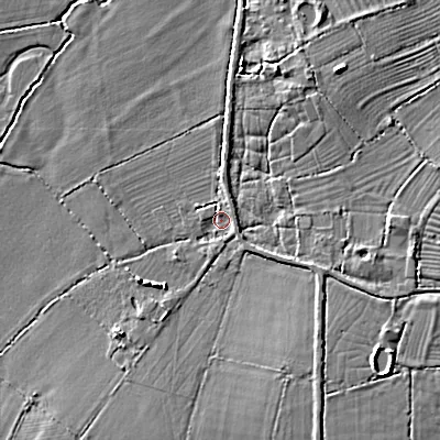 Shaded relief map of the ground around SN66RF, computed from Environment Agency LiDAR. The ground here sits at about 84 m above sea level and falls 6 m across the surrounding 800 m. Surface water reaching this point runs off ground lying to the south-south-east, 4.1 m higher.