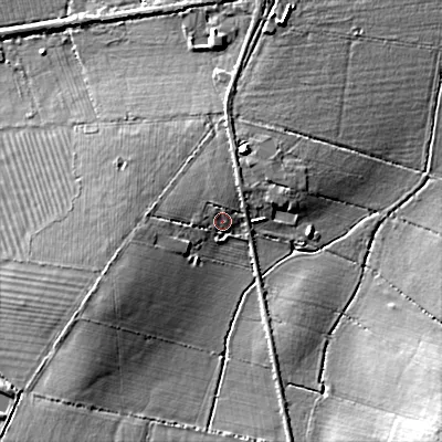 Shaded relief map of the ground around SN66RQ, computed from Environment Agency LiDAR. The ground here sits at about 89 m above sea level and falls 13 m across the surrounding 800 m. Surface water reaching this point runs off ground lying to the south-west, 4.9 m higher.