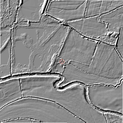 Shaded relief map of the ground around SN66SZ, computed from Environment Agency LiDAR. The ground here sits at about 76 m above sea level and falls 4 m across the surrounding 800 m. Surface water reaching this point runs off ground lying to the west-north-west, 1.3 m higher.