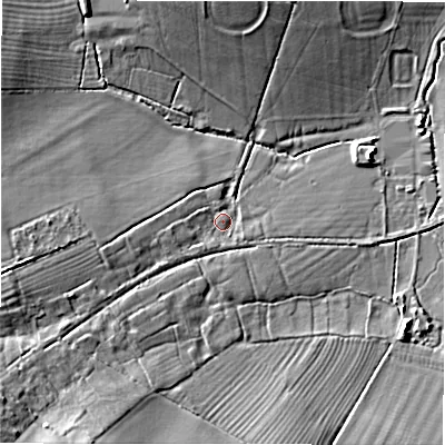 Shaded relief map of the ground around SN67PP, computed from Environment Agency LiDAR. The ground here sits at about 84 m above sea level and falls 18 m across the surrounding 800 m. Surface water reaching this point runs off ground lying to the west-south-west, 3.2 m higher.