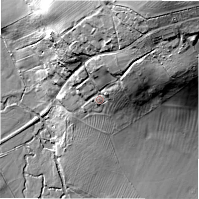 Shaded relief map of the ground around SN67PT, computed from Environment Agency LiDAR. The ground here sits at about 96 m above sea level and falls 54 m across the surrounding 800 m. Surface water reaching this point runs off ground lying to the north-east, 30.7 m higher.